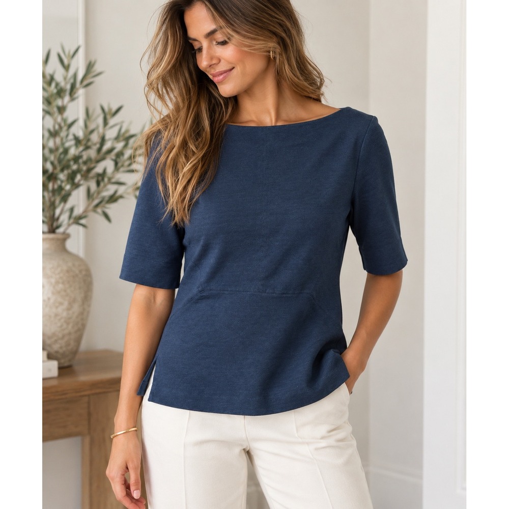 MM.LaFleur Boat Neck Short Sleeve Knit Top Navy Blue Professional Size Large